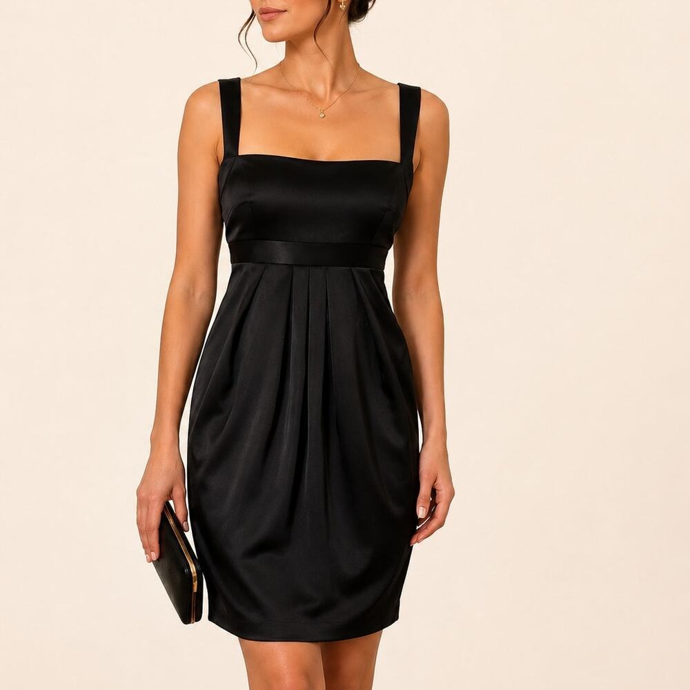 David Meister Black Satin Bodycon Dress Sz 6 Cocktail Retro